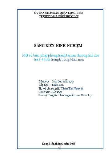 SKKN Một số biện pháp phòng tránh tai nạn thương tích cho trẻ 3-4 tuổi trong trường Mầm non