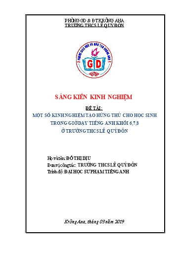 SKKN Một số kinh nghiệm tạo hứng thú trong giờ học Tiếng Anh Khối 6,7,8 ở trường THCS Lê Quý Đôn