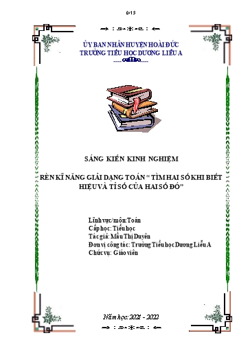 SKKN Rèn kĩ năng giải dạng toán Tìm hai số biết hiệu và tỉ số của hai số đó cho học sinh Lớp 4