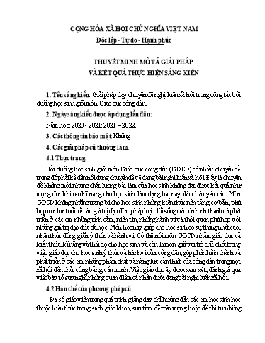 Thuyết minh Giải pháp Dạy Chuyên đề nghị luận xã hội trong công tác bồi dưỡng học sinh giỏi môn Giáo dục công dân