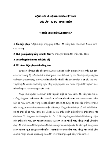 Thuyết minh Sáng kiến Một số biện pháp giúp trẻ 24 – 36 tháng tuổi nhận biết 3 màu; xanh - đỏ - Vàng