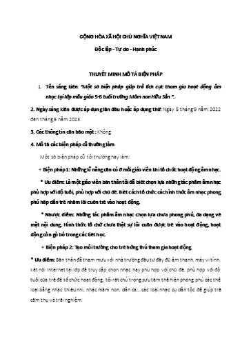 Thuyết minh Sáng kiến Một số biện pháp giúp trẻ tích cực tham gia hoạt động âm nhạc tại lớp Mẫu giáo 5-6 tuổi trường Mầm non Hữu Sản